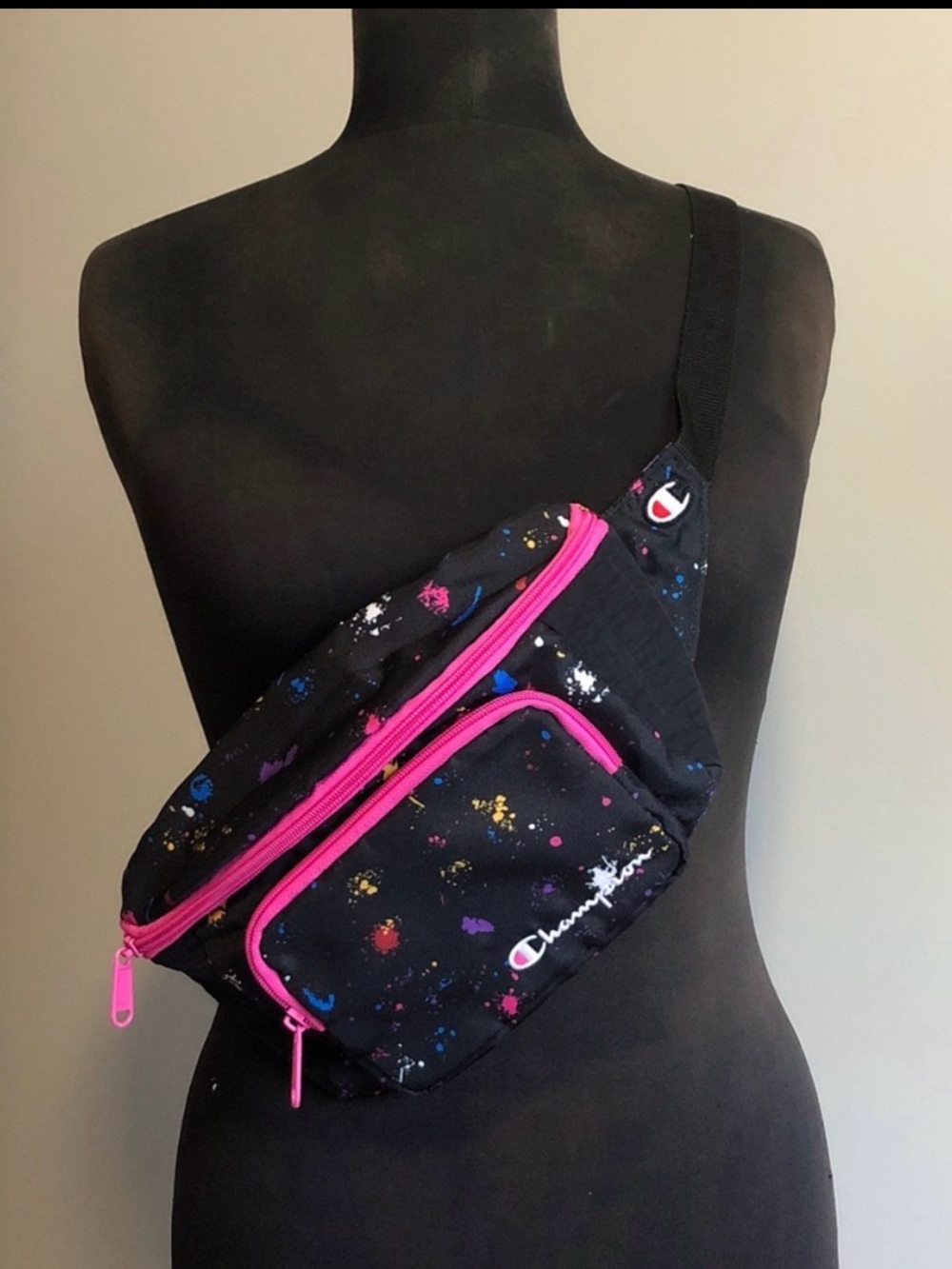 Champion Black Crossbody with Hot Pink Zippers and Paint Splatter Pattern